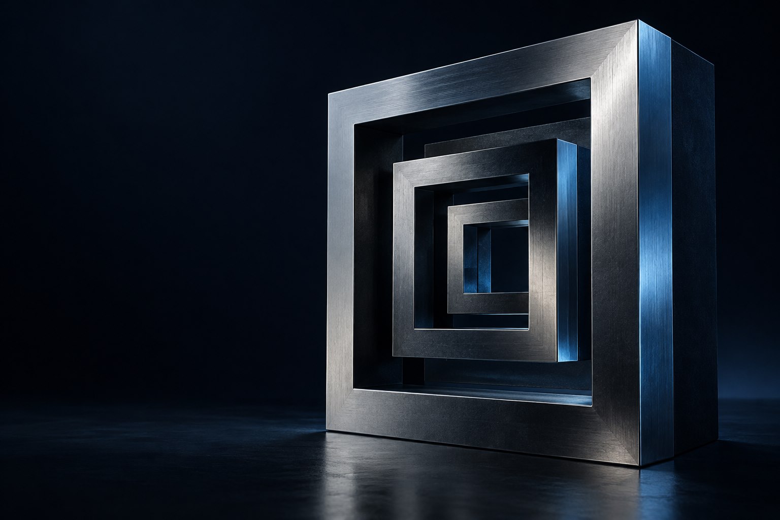Architectural chrome and graphite forms in Drifort’s identity world